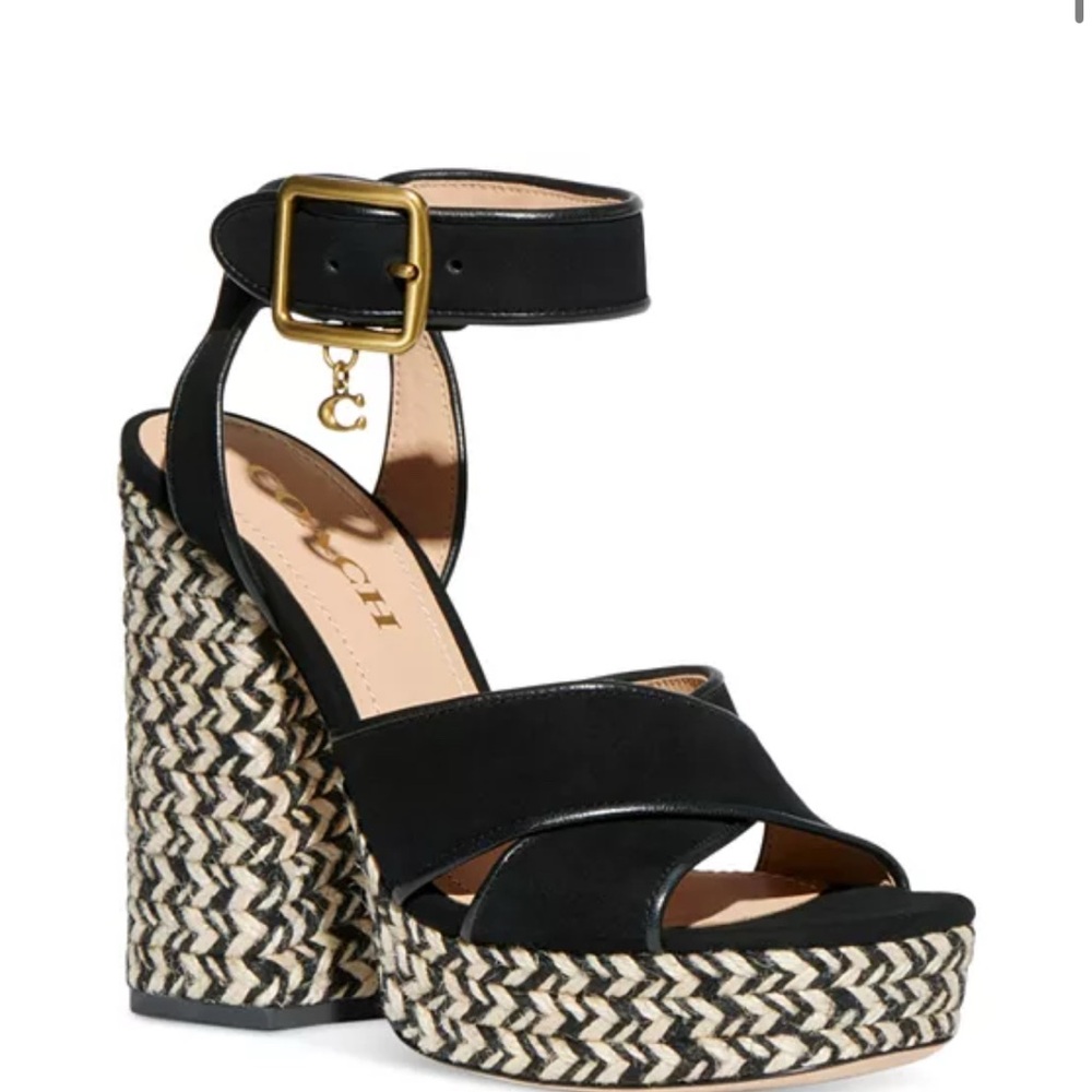 Coach Black and Cream Espadrille Sandals with Patterned Heel